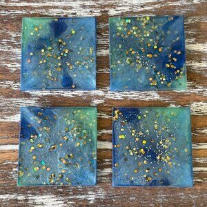 Blue Gold Galaxy Glitter Resin Drink Coasters Set of 4 House Housewarming Gift